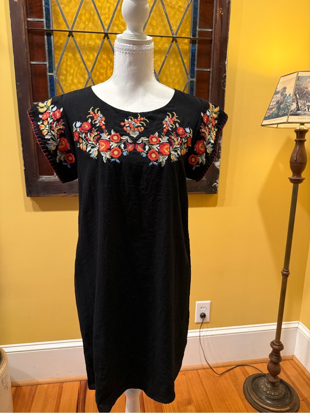 THML Embroidered Black Floral Shift Dress